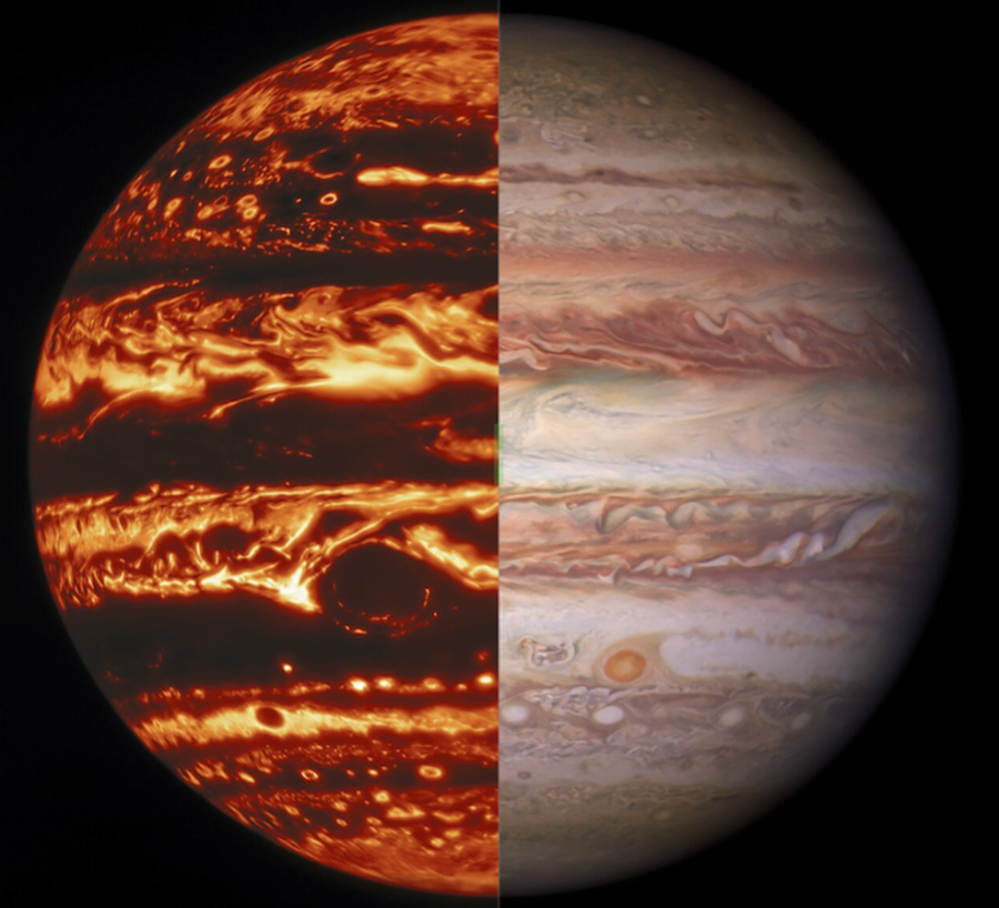 This illustration combines an image of Jupiter from the JunoCam instrument aboard NASA’s Juno spacecraft with a composite image of Earth to depict the size and depth of Jupiter’s Great Red Spot.\
