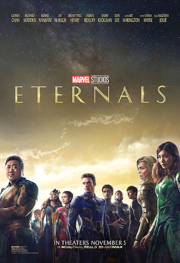 A movie poster showing the Eternals at the bottom with a golden cloudy sky.