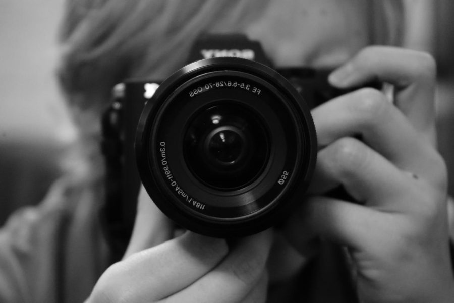 Black and whit photo of camera
