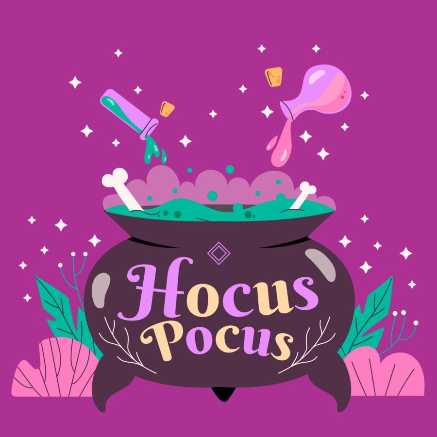 Potions being poured into a cauldron that says hocus pocus