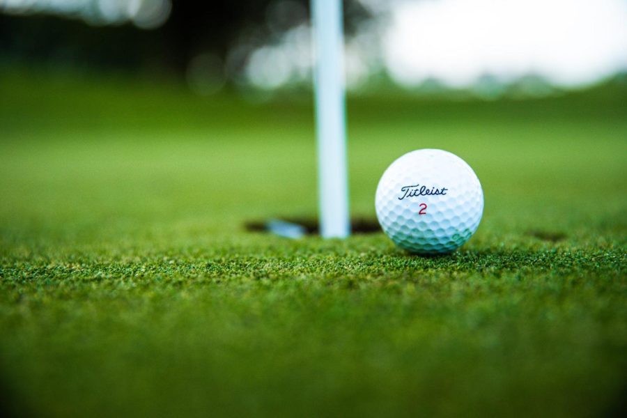 A Titleist golf ball lies next to the hole.
