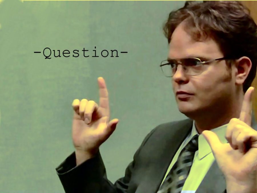 Dwight Schrute from the office asking a question.