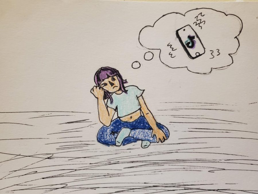 A drawing of a girl sitting on the ground as she thinks about TikTok.