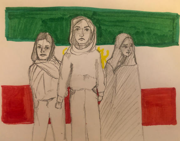 Iranian girls in front of the countrys flag