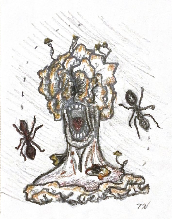 A+zombie-like+head+contorted+into+a+scream+as+fungus+grow+all+over+its+body+and+ants+crawl+around+the+page.