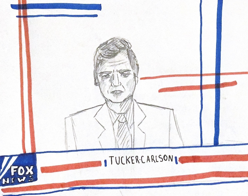 A drawing of Tucker Carlson on Fox News.