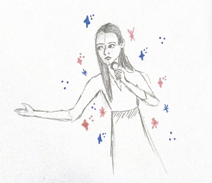A drawing of Zooey Zephyr with a microphone surrounded by red and blue stars.