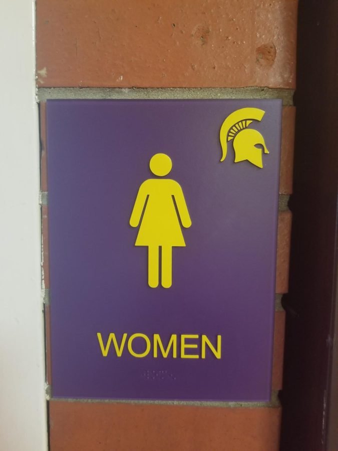 The picture shows a girls bathroom sign next to a doorway. The sign has a purple back and a yellow female figure and font.