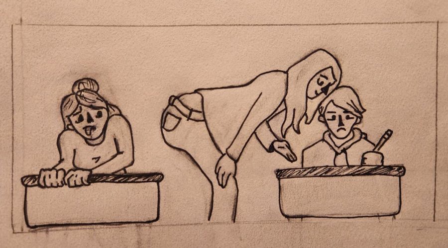 sketch of teacher bending over a desk to help a student.