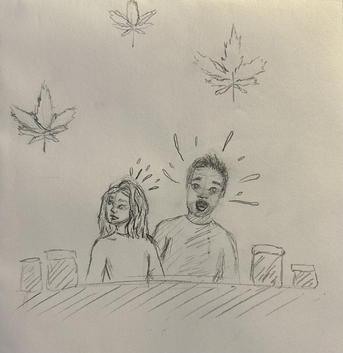 Clueless daughter and worried father surrounded by weed