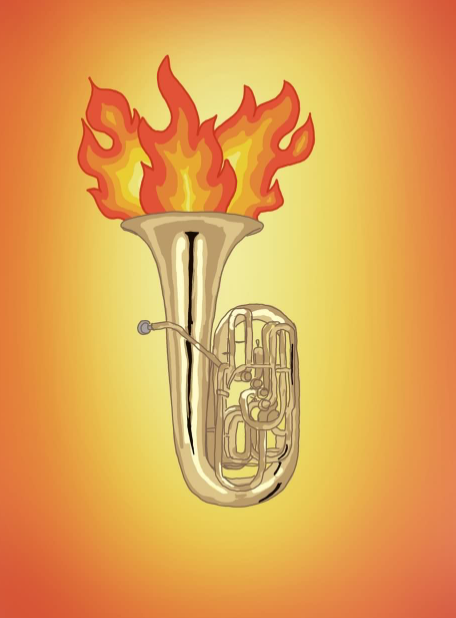 Artistic depiction of a tuba on fire