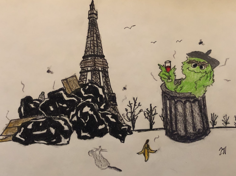Sesame Streets Oscar The Grouch among the Eiffel Tower and piles of trash.