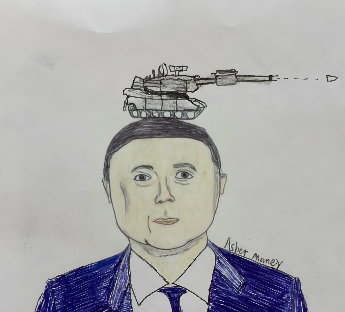 President Zelensky with an Abrams Tank on Top of His Head