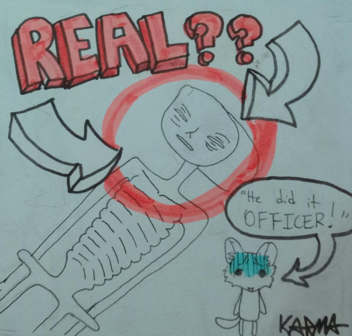 A drawing of an alien, with exaggerated red circles and arrows and REAL?? surrounding it. A small figure at the bottom says He did it OFFICER!