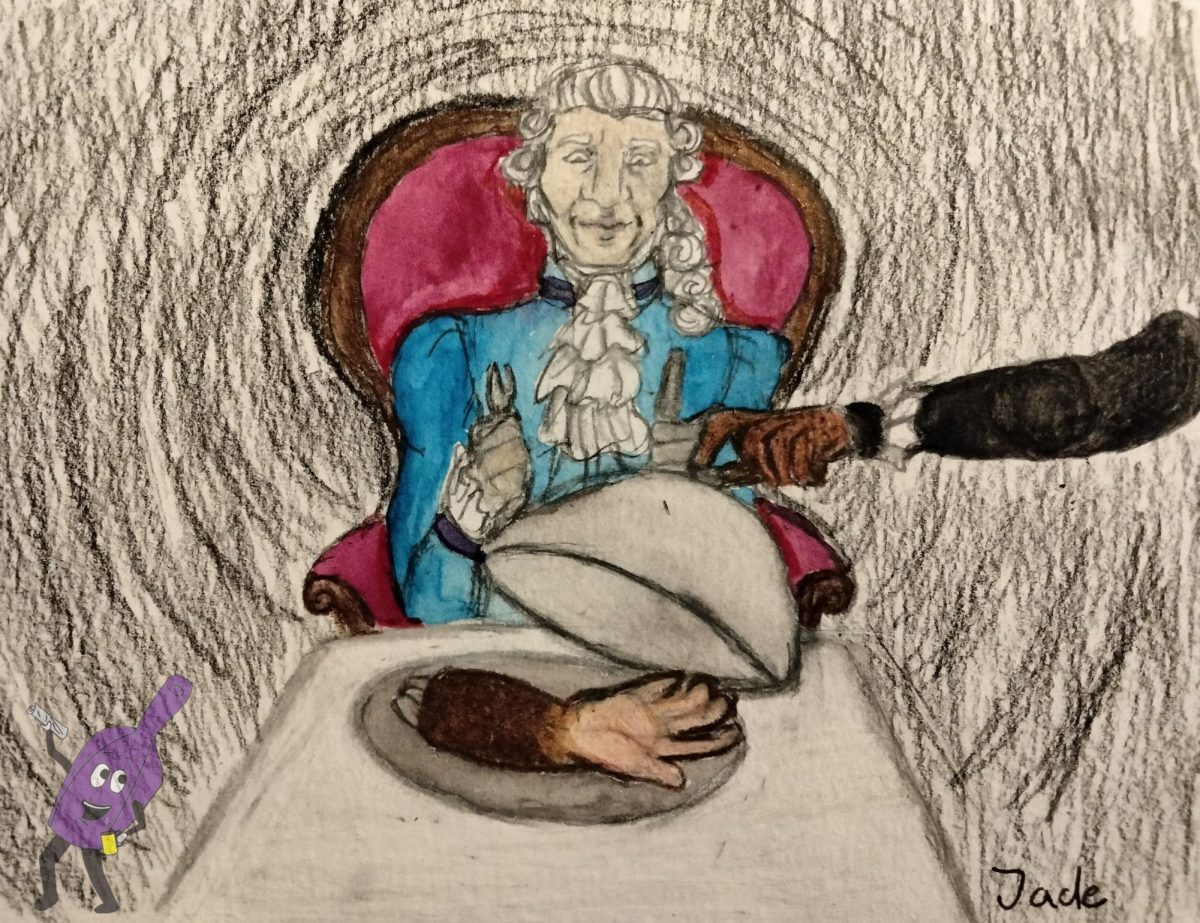 A powdered wig wearing man eats the disembodied arm of a man 