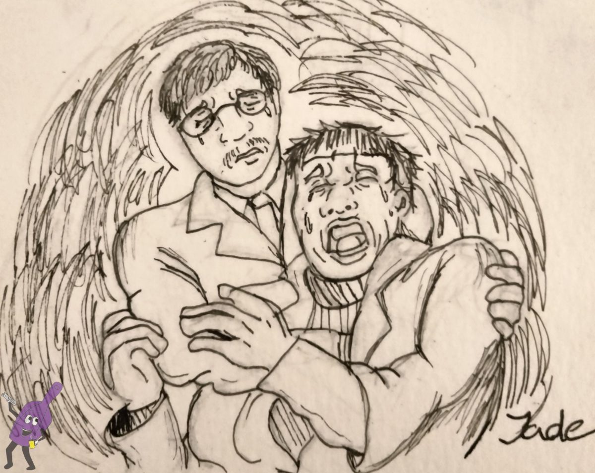 Dr. Frankenstein lovingly holding his monster as he howls in despair. 
