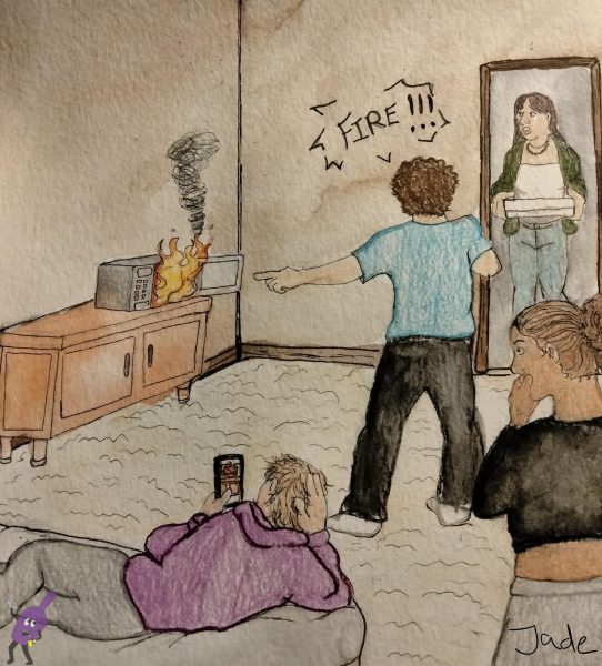 Students in a panic at the sight of a microwave fire.