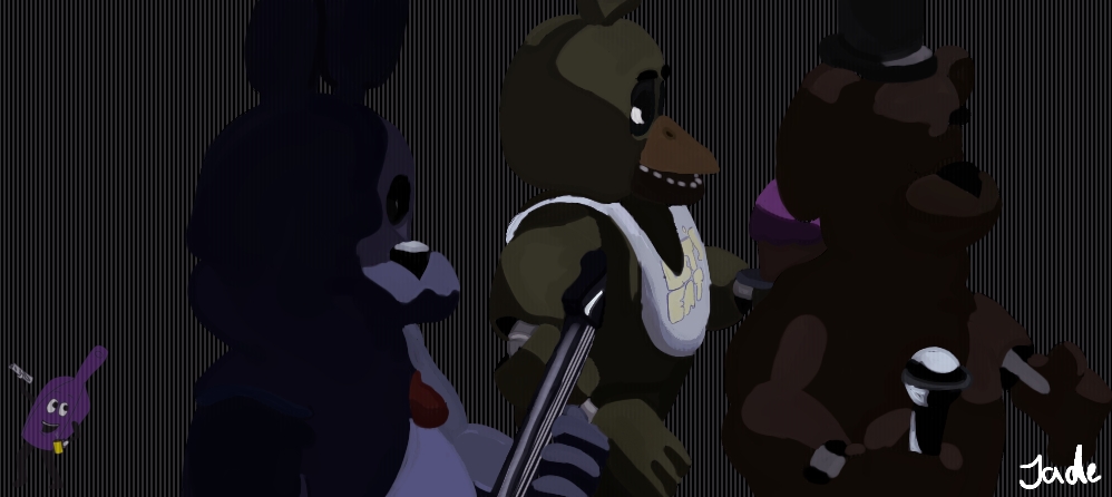 A digital colored drawing that features, from left to right, Bonnie, Chica, and Freddy, in their pose upon their stage in the first game.