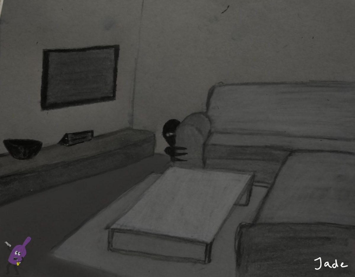 A sketch of a dark room with a couch, a table, and a tv, with a dark figure looking at the camera from behind the couch.