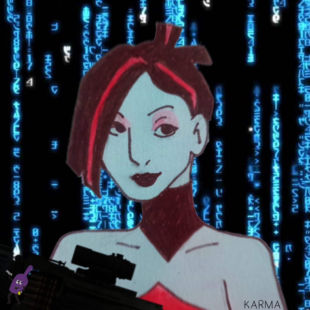A colored illustration of a character from The Matrix, with a black background and blue lines of text that resembles coding lines.