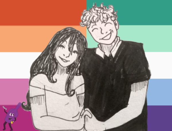 A man and woman holding hands in front of the lesbian and gay flags 