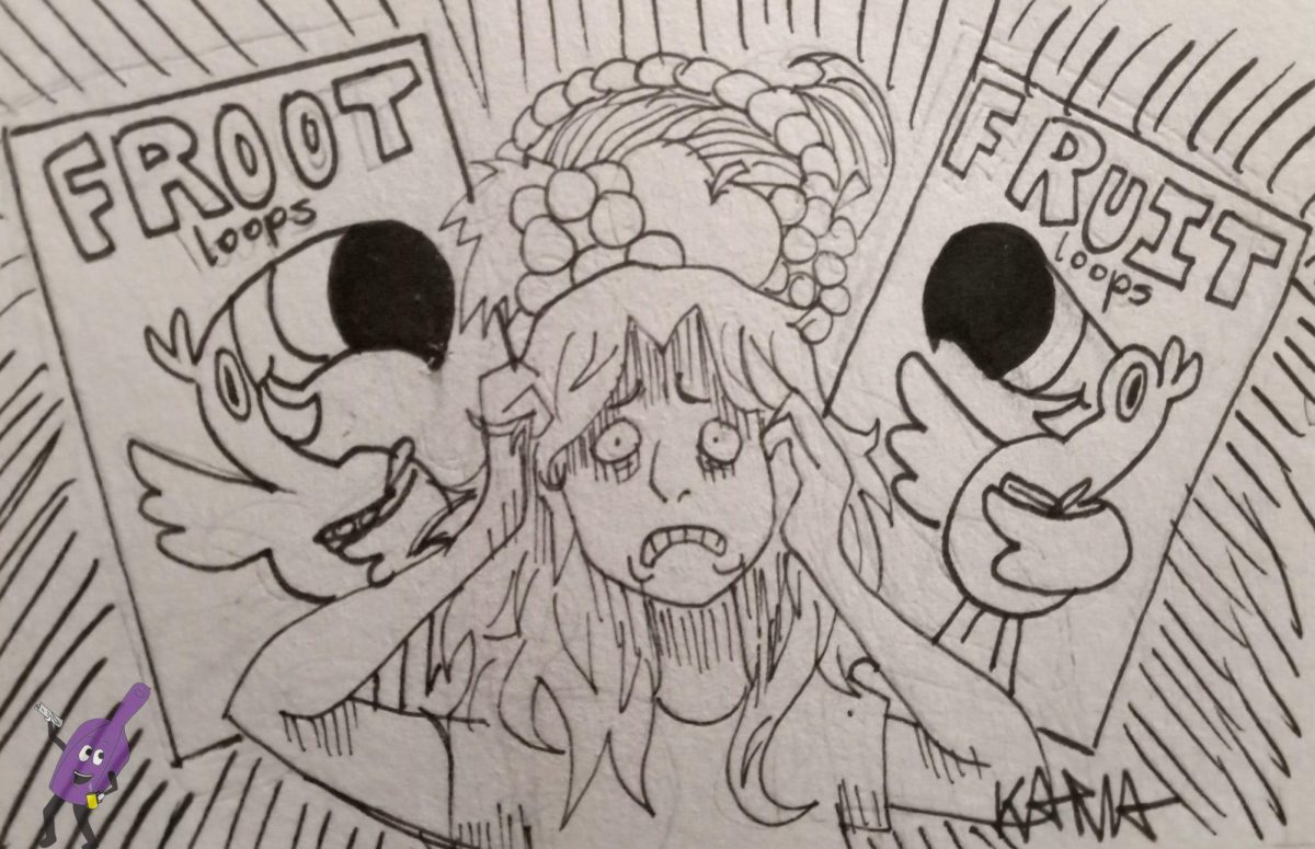 A traditional lined drawing that features a person in the middle, looking panicked with their hands on their head. In the background, two boxes of Froot Loops loom. One has the spelling Froot Loops, while the other has the spelling Fruit Loops.