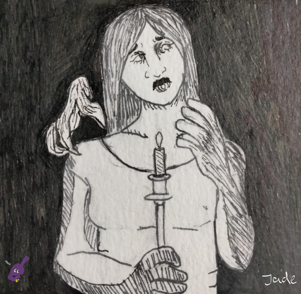 A traditionally drawn image of a girl in the shadows, guiding a candle through the darkness. A ghosts hand reaches up behind her.