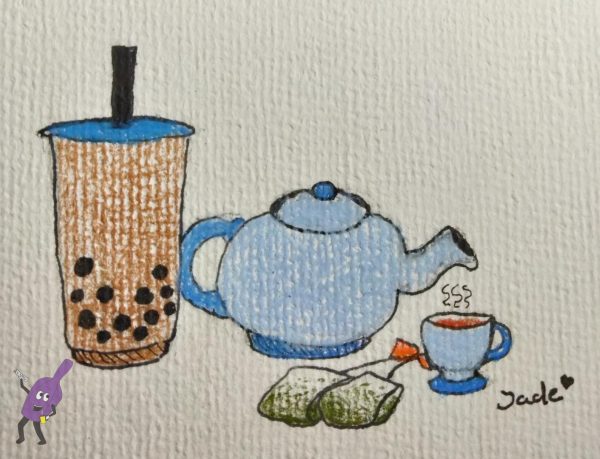 Different types of tea such as boba, tea bags, and a matching tea pot and cup