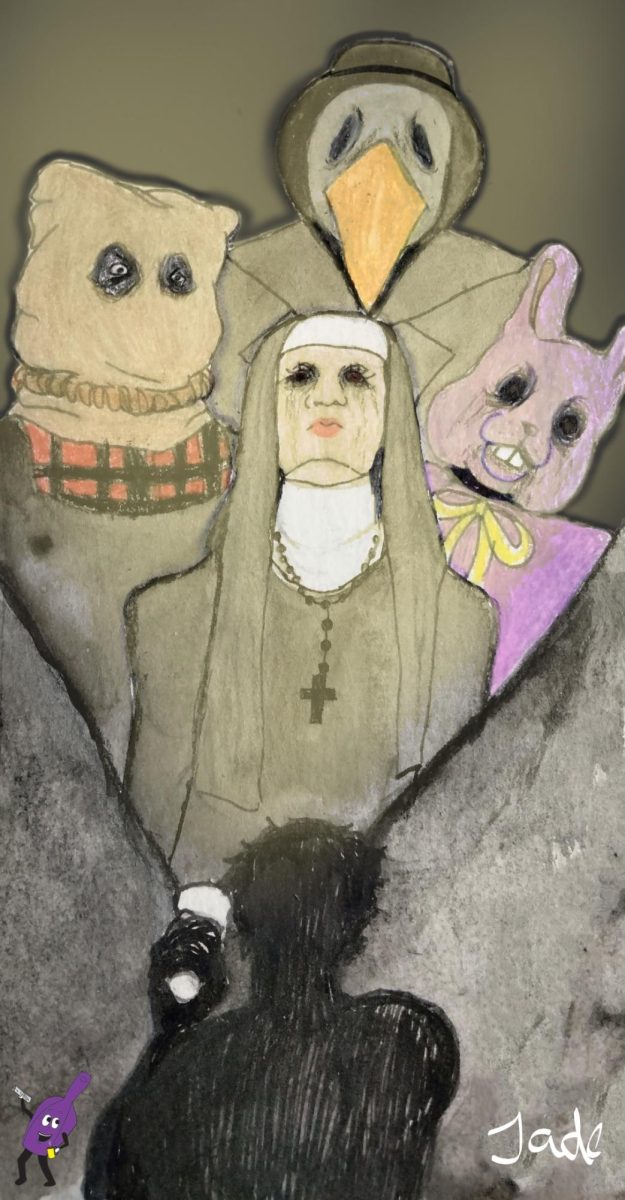 A colored image of a shadowed man, flashing a light at four characters: a man wearing a plague doctor mask, a man wearing a paper bag over his head, a nun, and a man wearing an Easter bunny suit.