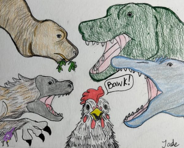 dinosaurs intimidating a chicken