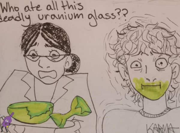 A woman questioning who ate uranium glass with a man covered in green goop near her