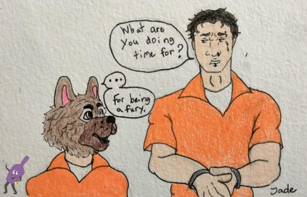 two prison inmates (one man, one child with a furry costume)