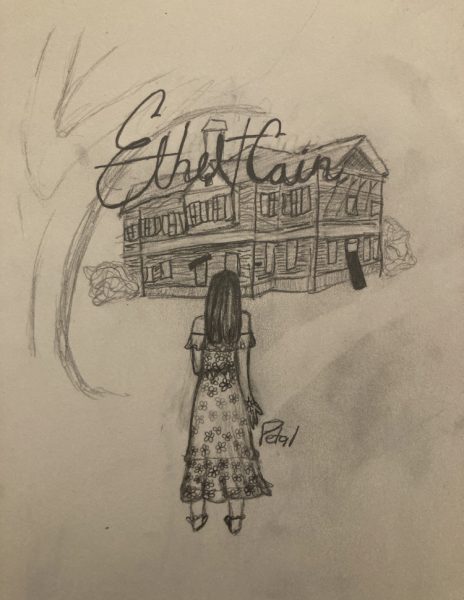 A girl looking at a house with the name Ethel Cain above her