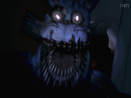 A gameplay screenshot of Five Nights at Freddys 4, which shows a blueish-purple freakish bunny animatronic (Nightmare Bonnie) lunging at the camera.