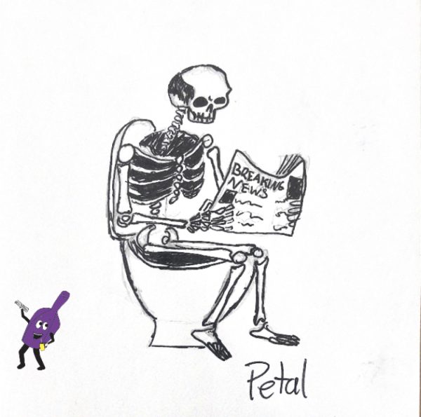 Skeleton sitting on a toilet 