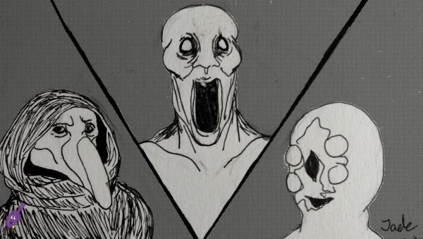 A black-and-white digital image split into three sections. One features SCP-049, one features SCP-096, and the other features SCP-173.