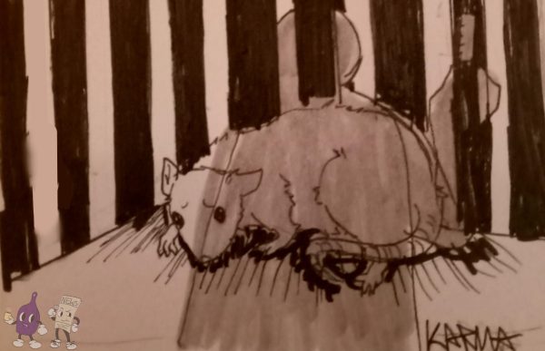 Rat in a cell with a looming figure overhead