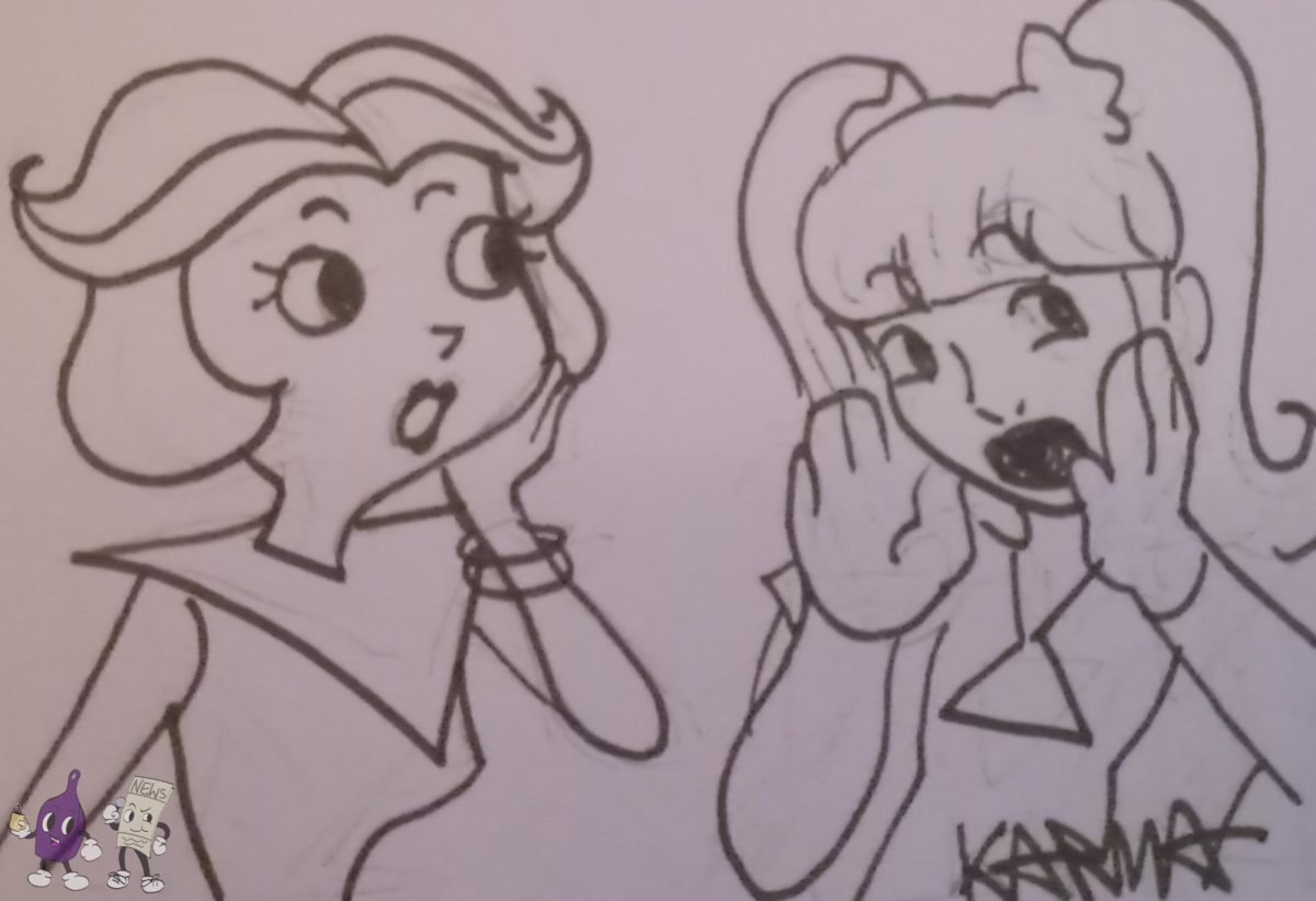 A girl drawn in the style of The Jetsons looks shocked at a girl drawn in the style of Zenon