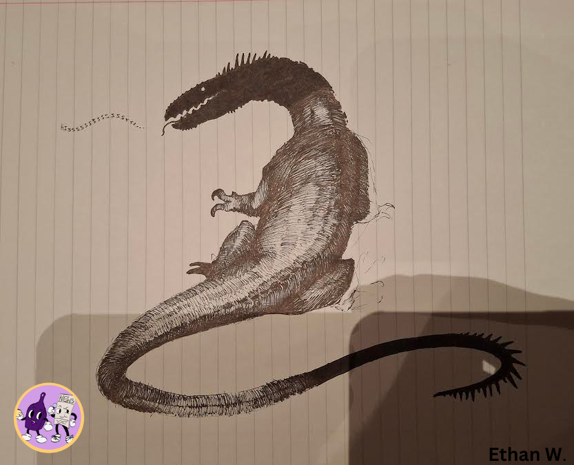 I drew this reptilian beast in the theater. I only had a pen, and I did it between scenes when I had time. Overall, I quite like it.