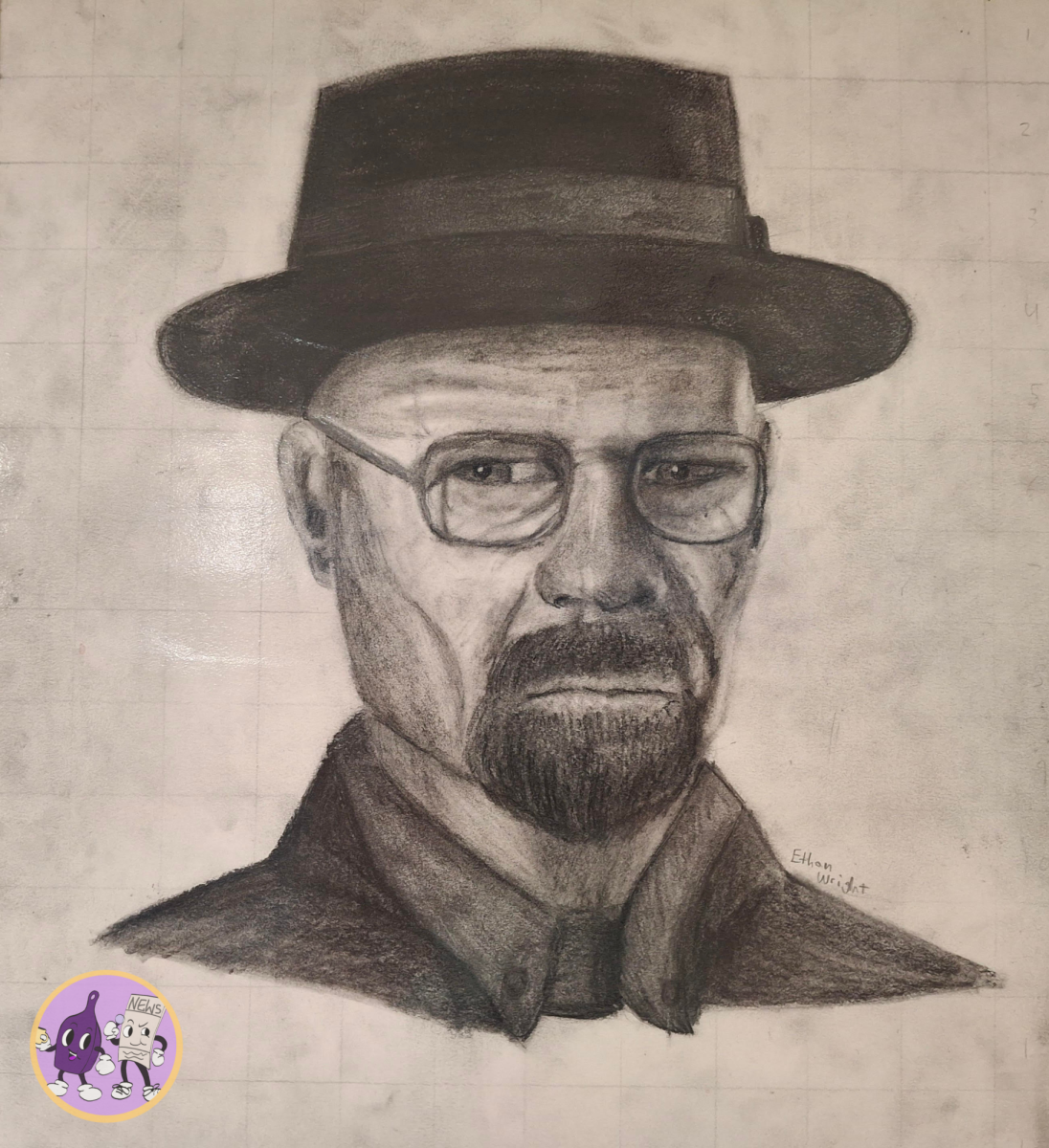 A graphite portrait of Walter White. I've only watched the first episodes of Breaking Bad, and I desperately need to continue watching it. This drawing is hanged in Mrs. Johnson's culinary room (Ethan Wright).