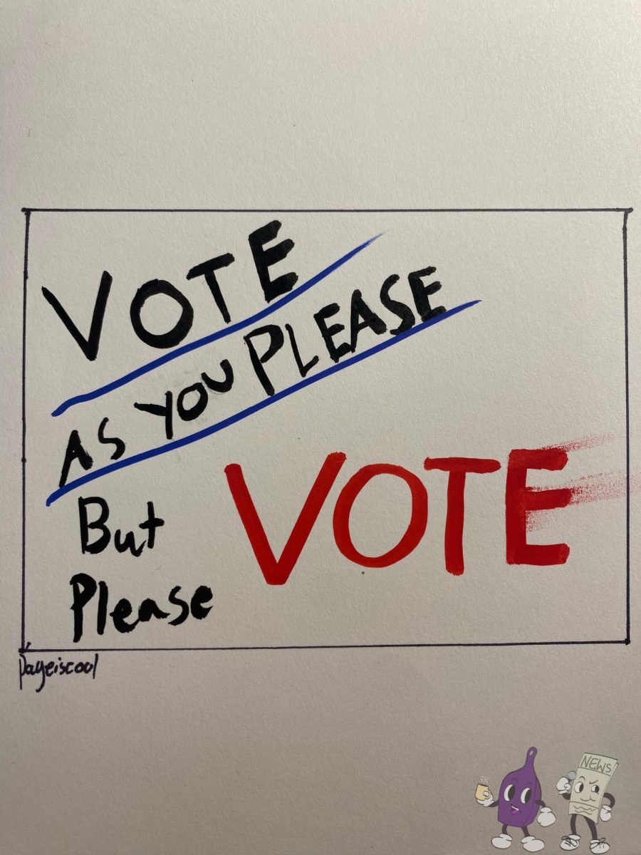 A sign with the words "Vote as you please but please vote" on it