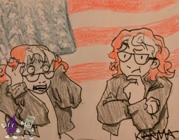 Two kids with orange hair stand in front of an American flag, one curious and one scared