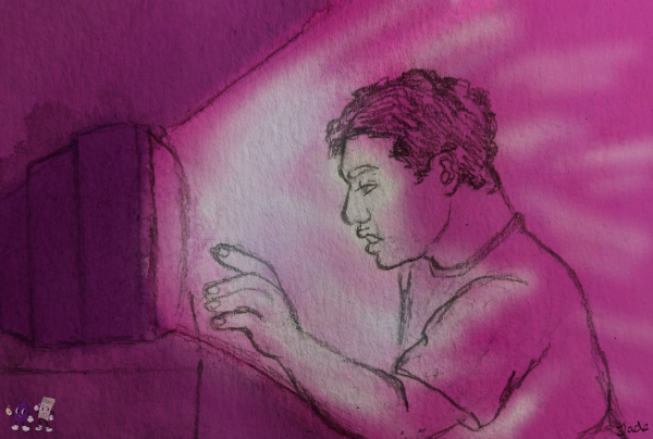 A boy reaches for a TV screen, which emanates a pink glow