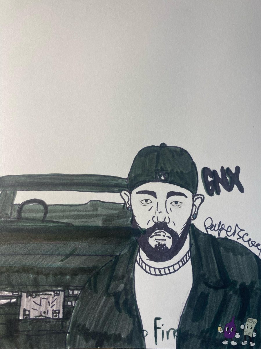 Drawing of Kendrick in front of a GNX car