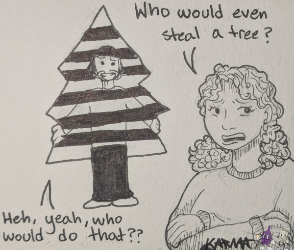 Humorous illustration of a man stealing a tree