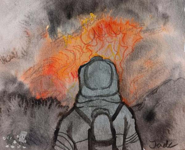 Drawing of a firefighter standing in front of a fire