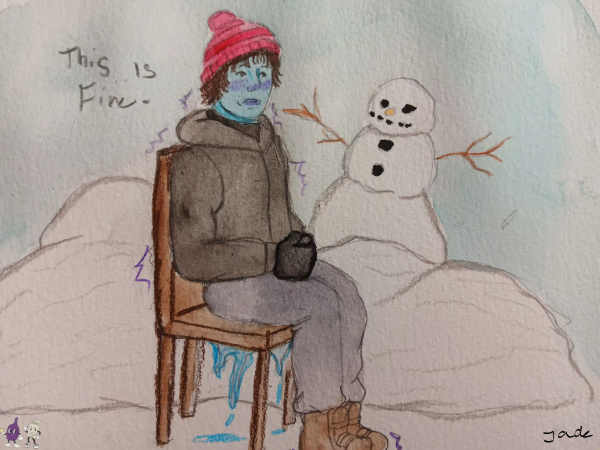 A teenager sits frozen in a chair, mid-winter weather