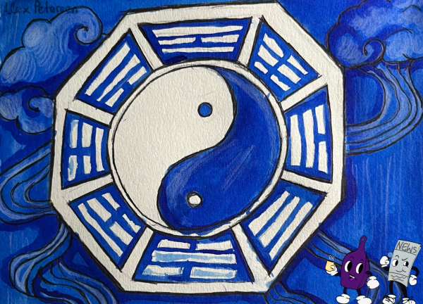 Drawing of a Yin-Yang, surrounded by the Chinese elemental symbols 