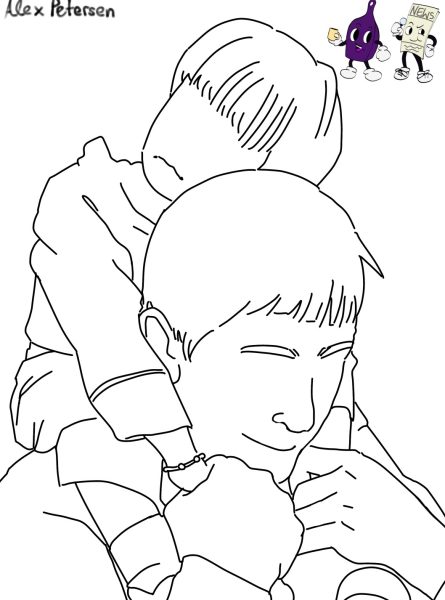 Illustration of a little girl sleeping on top of man's shoulders 