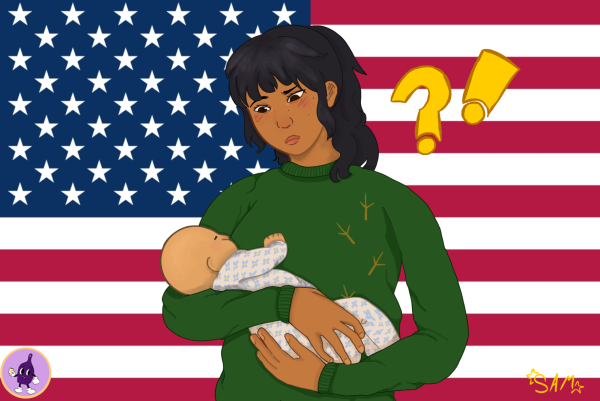 Woman confused looking down at baby